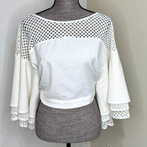 INA Blouse Womens Size Large Ivory Crochet Belted‎ Cropped Layered Bell Sleeves